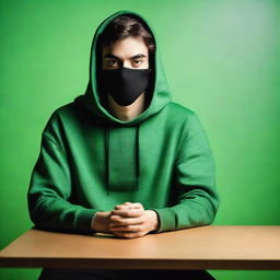 A full-body image of a young man with strikingly symmetrical features and smooth skin, sitting at a table against a solid green background