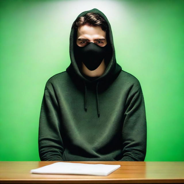 A full-body image of a young man with strikingly symmetrical features and smooth skin, sitting at a table against a solid green background