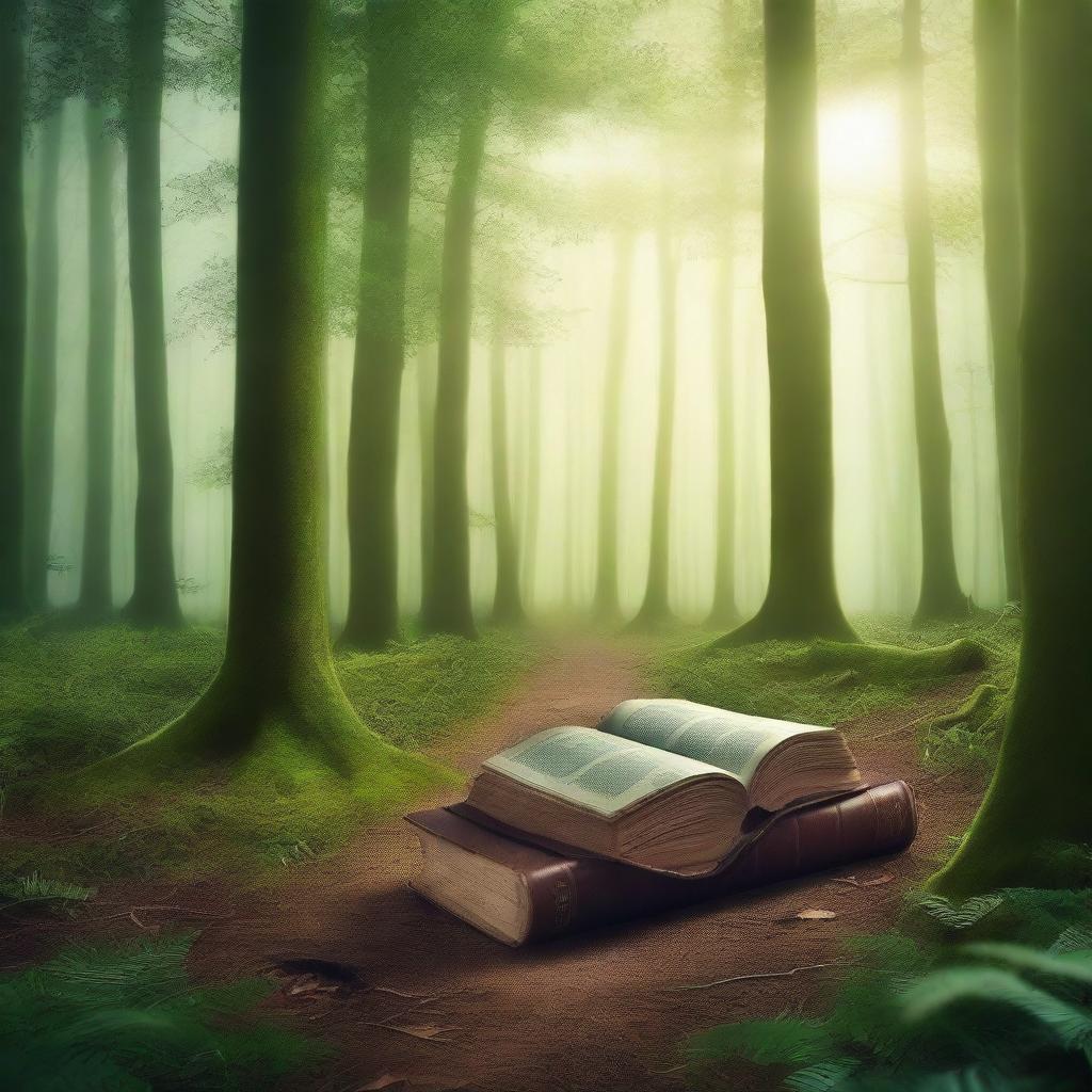 Create a captivating book cover featuring a mysterious forest with a hidden path