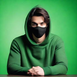 A full-body image of a handsome young man with strikingly symmetrical features and smooth skin, sitting at a table against a solid green background