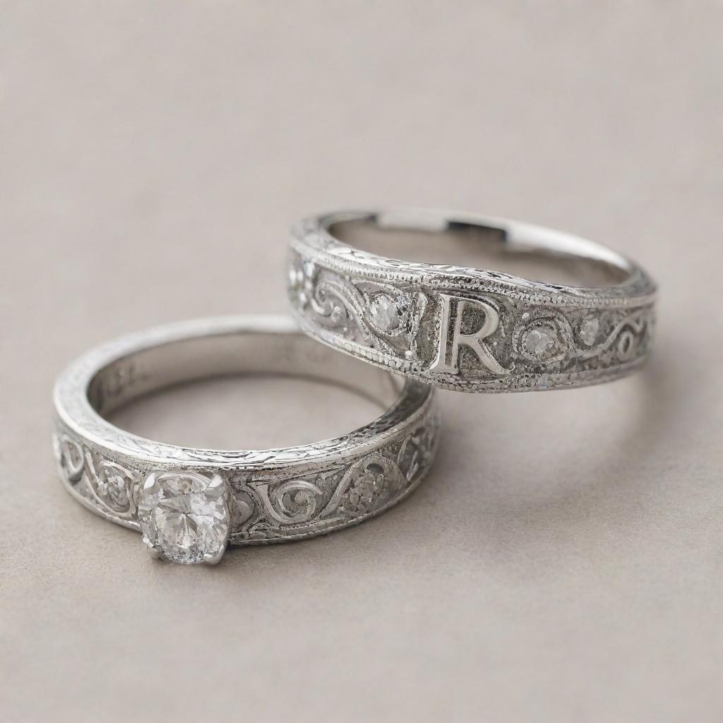 Two similar silver engagement rings. The first one, feminine style, with the letter R intricately crafted on it. The second one, masculine style, with the letter J elegantly etched onto it.