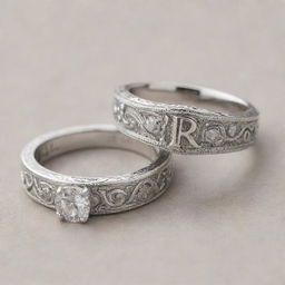 Two similar silver engagement rings. The first one, feminine style, with the letter R intricately crafted on it. The second one, masculine style, with the letter J elegantly etched onto it.