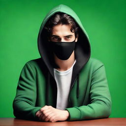 A full-body image of a handsome young man with strikingly symmetrical features and smooth skin, sitting at a table against a solid green background