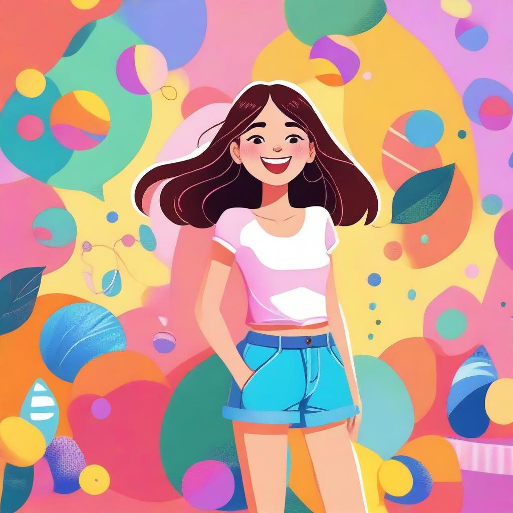 A cute girl wearing shorts, standing in a cheerful and vibrant environment