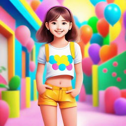 A cute girl wearing shorts, standing in a cheerful and vibrant environment