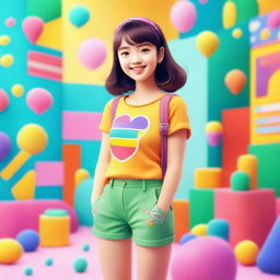 A cute girl wearing shorts, standing in a cheerful and vibrant environment