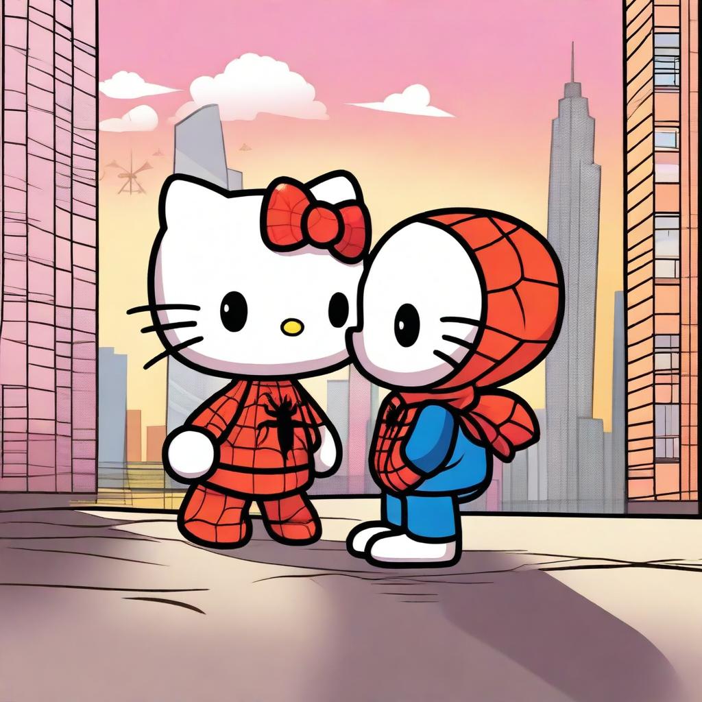 Hello Kitty and Spider-Man sharing a kiss