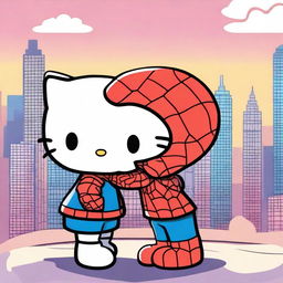 Hello Kitty and Spider-Man sharing a kiss