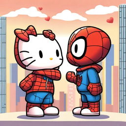 Hello Kitty and Spider-Man sharing a kiss