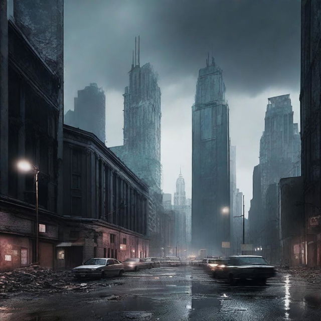 Create a dystopian cityscape featuring crumbling skyscrapers, dark clouds, and a sense of desolation