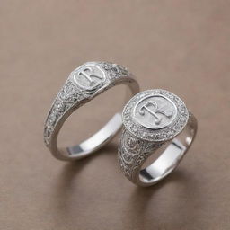 Two similar silver engagement rings. The first one, feminine style, with the letter R intricately crafted on it. The second one, masculine style, with the letter J elegantly etched onto it.