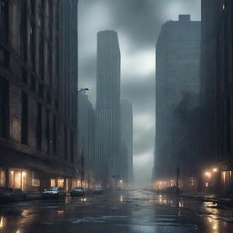 Create a dystopian cityscape featuring crumbling skyscrapers, dark clouds, and a sense of desolation