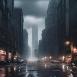 Create a dystopian cityscape featuring crumbling skyscrapers, dark clouds, and a sense of desolation