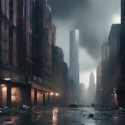 Create a dystopian cityscape featuring crumbling skyscrapers, dark clouds, and a sense of desolation