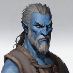 A Dungeons & Dragons 5th Edition Shadar-Kai male character with grey skin and rough, rugged features