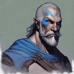 A Dungeons & Dragons 5th Edition Shadar-Kai male character with grey skin and rough, rugged features