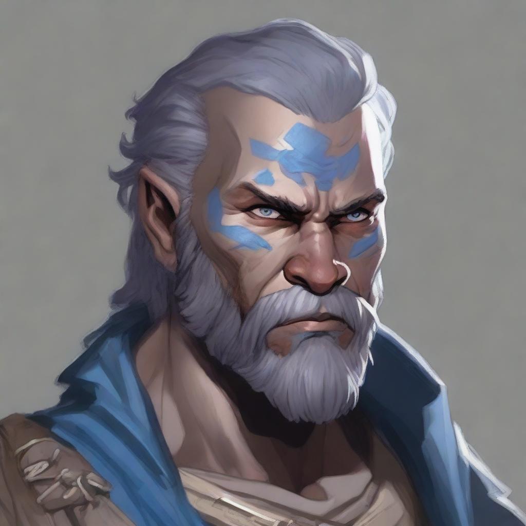 A Dungeons & Dragons 5th Edition Shadar-Kai male character with grey skin and rough, rugged features