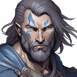 A Dungeons & Dragons 5th Edition Shadar-Kai male character with grey skin and rough, rugged features