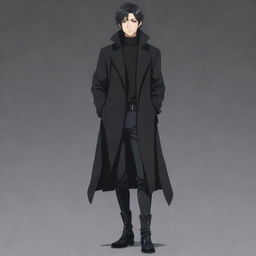 Full body image of a significantly masculine anime boy with a short mullet hairstyle, wearing a black long coat, black sweater, and long boots. Japanese animation style.