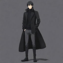 Full body image of a significantly masculine anime boy with a short mullet hairstyle, wearing a black long coat, black sweater, and long boots. Japanese animation style.