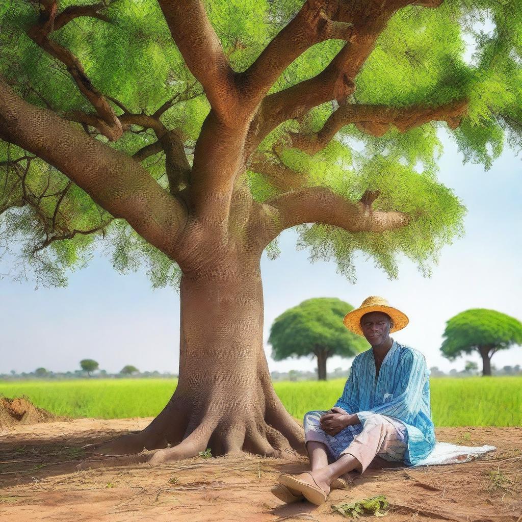 A Nigerian farmer taking a rest in the shade of a large tree