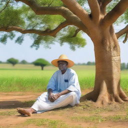 A Nigerian farmer taking a rest in the shade of a large tree