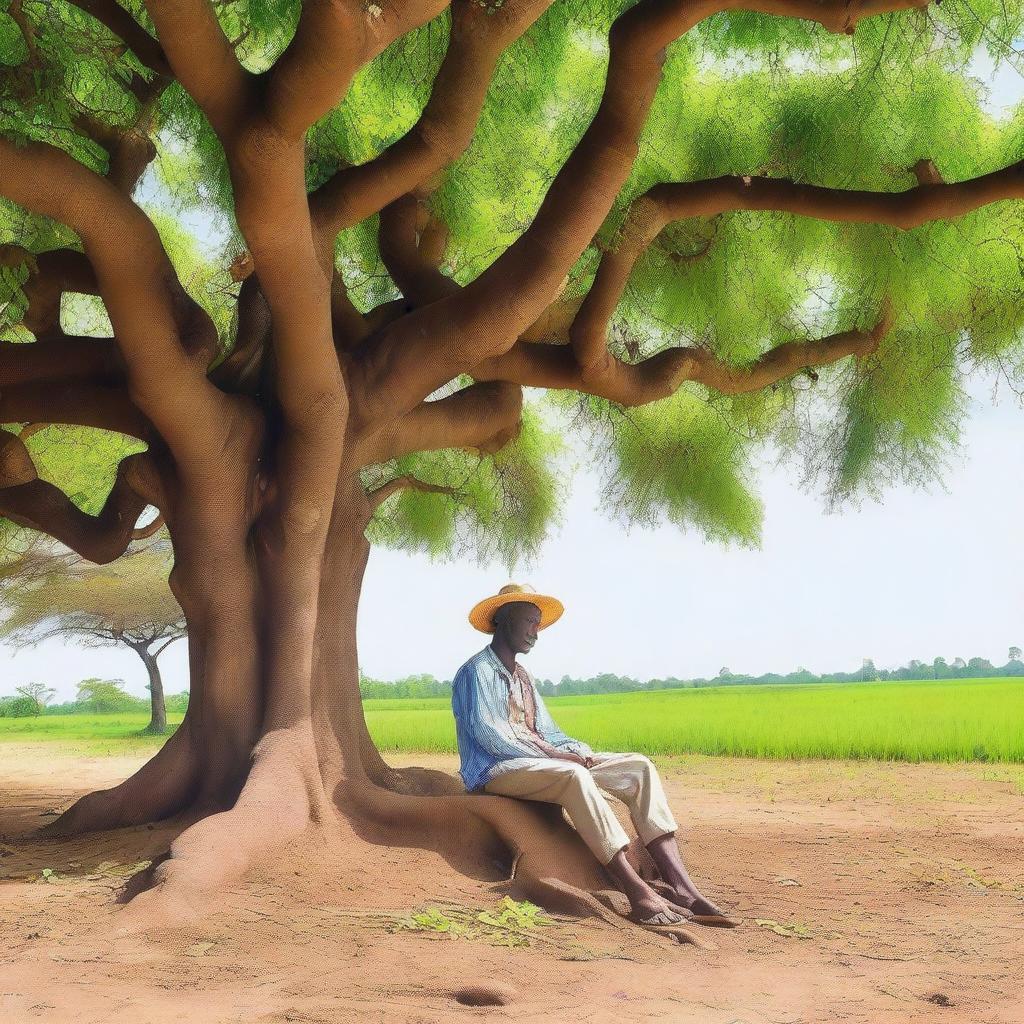 A Nigerian farmer taking a rest in the shade of a large tree