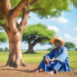 A Nigerian farmer taking a rest in the shade of a large tree