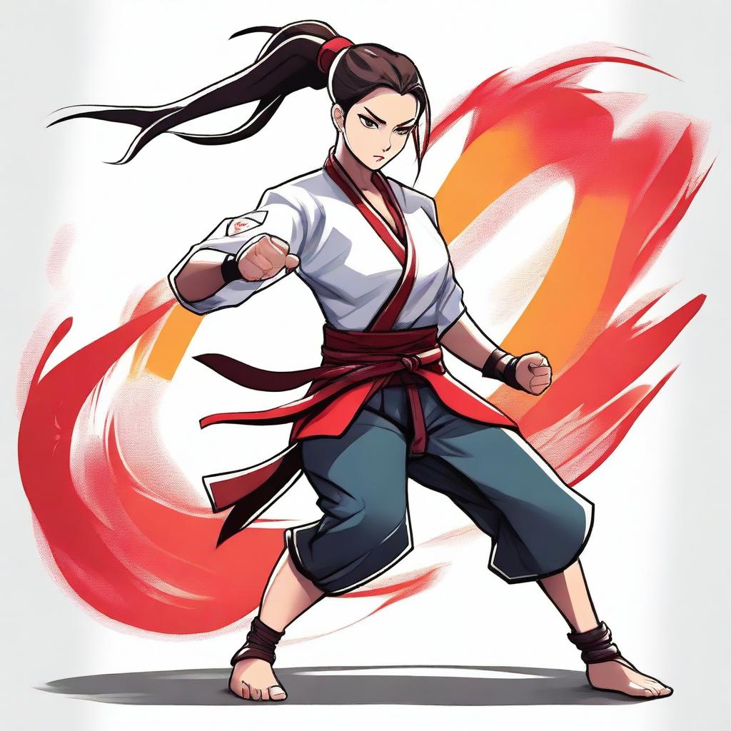 A confident female warrior in traditional martial arts gear, with a striking high ponytail and piercing black eyes