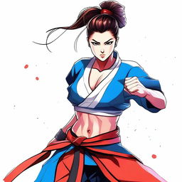 A confident female warrior in traditional martial arts gear, with a striking high ponytail and piercing black eyes