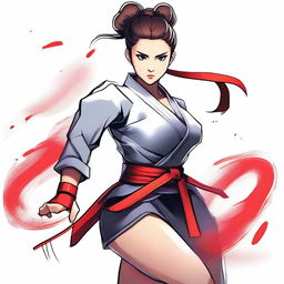 A confident female warrior in traditional martial arts gear, with a striking high ponytail and piercing black eyes