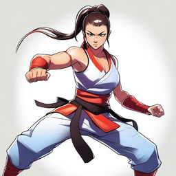 A confident female warrior in traditional martial arts gear, with a striking high ponytail and piercing black eyes