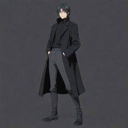 Full body image of a significantly masculine anime boy with a short mullet hairstyle, wearing a black long coat, black sweater, and long boots. Japanese animation style.