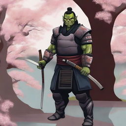 A detailed illustration of a half orc samurai warrior standing in a traditional Japanese garden