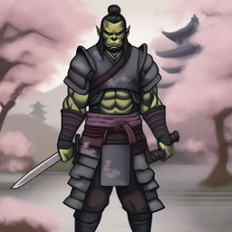 A detailed illustration of a half orc samurai warrior standing in a traditional Japanese garden