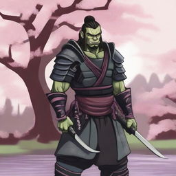 A detailed illustration of a half orc samurai warrior standing in a traditional Japanese garden