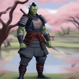 A realistic illustration of a half orc samurai warrior standing in a traditional Japanese garden