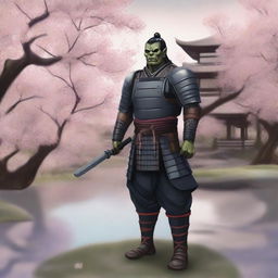 A realistic illustration of a half orc samurai warrior standing in a traditional Japanese garden