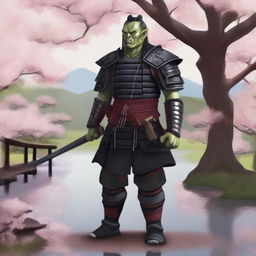 A realistic illustration of a half orc samurai warrior standing in a traditional Japanese garden