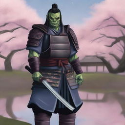 A realistic illustration of a half orc samurai warrior standing in a traditional Japanese garden