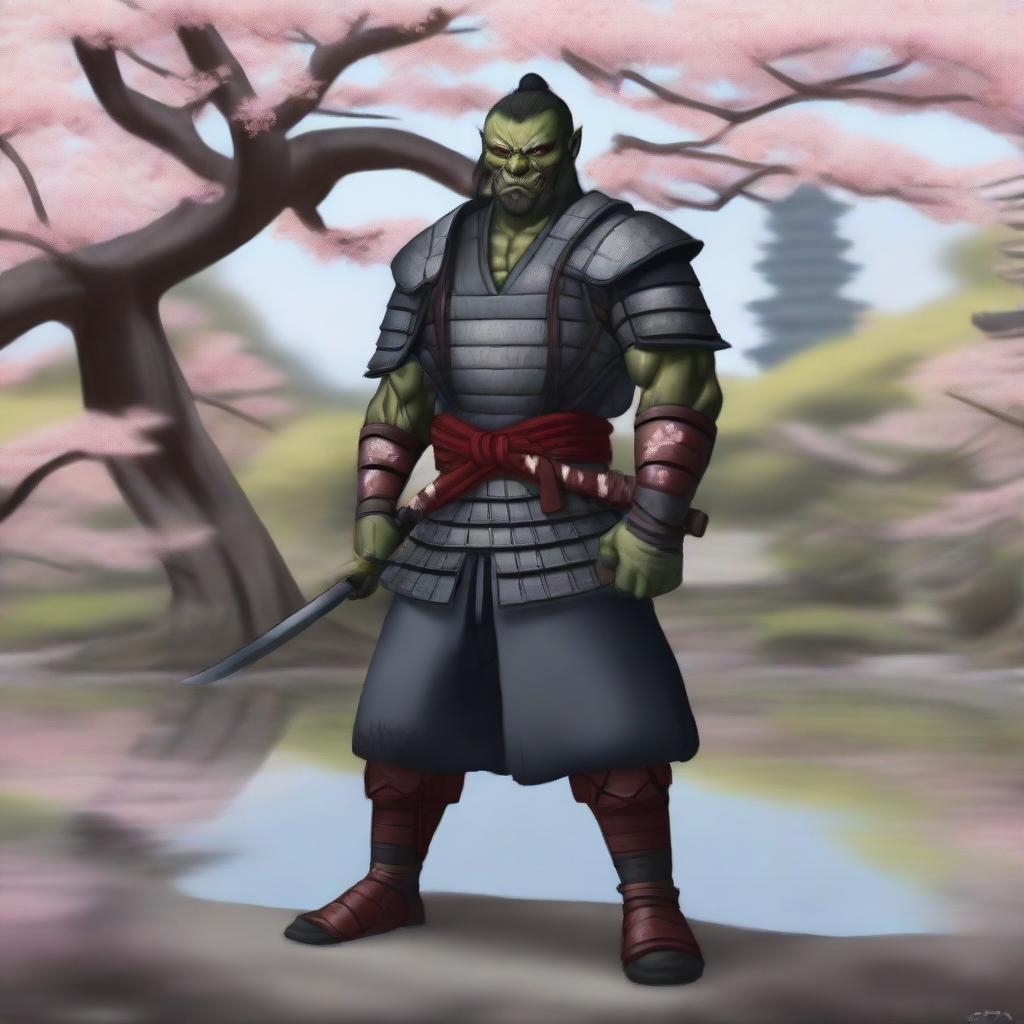 A highly realistic and detailed illustration of a half orc samurai warrior standing in a traditional Japanese garden