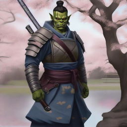 A highly realistic and detailed illustration of a half orc samurai warrior standing in a traditional Japanese garden