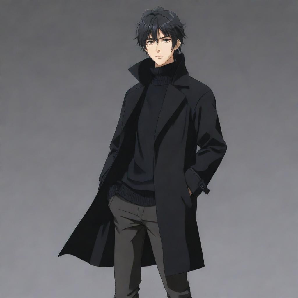 Full body image of a significantly masculine anime boy with a short mullet hairstyle, wearing a black long coat, black sweater, and long boots. Japanese animation style.