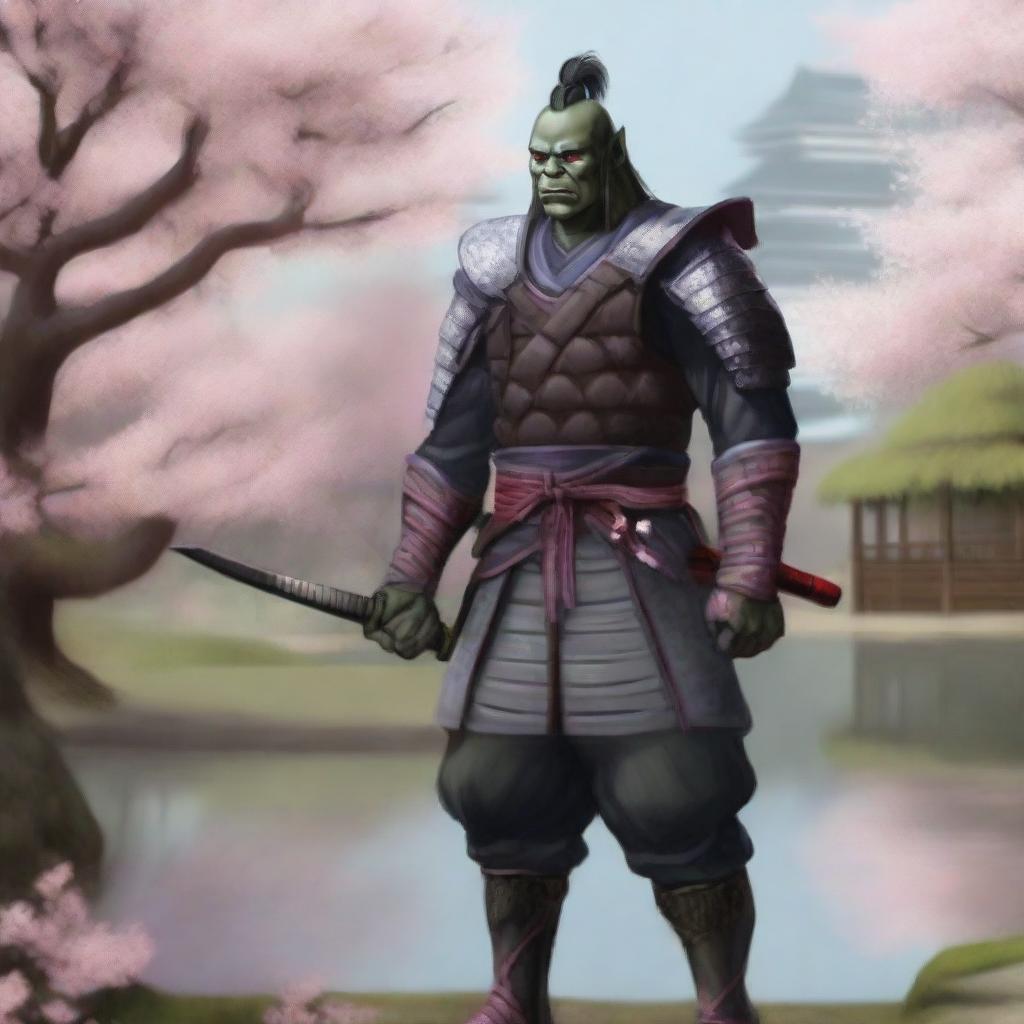 A highly realistic and detailed illustration of a half orc samurai warrior standing in a traditional Japanese garden