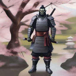 A highly realistic and detailed illustration of a half orc samurai warrior standing in a traditional Japanese garden