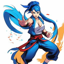 A fierce warrior woman in martial arts attire, high ponytail, and intense black eyes, with striking blue hair