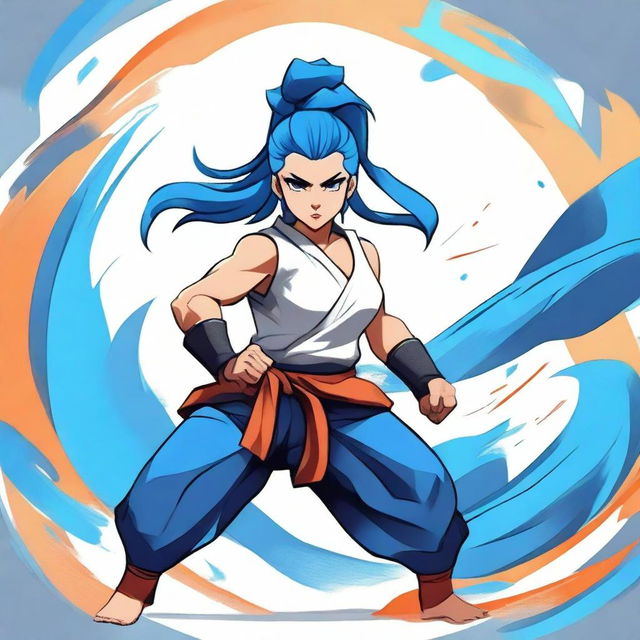 A fierce warrior woman in martial arts attire, high ponytail, and intense black eyes, with striking blue hair