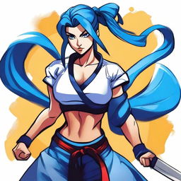 A fierce warrior woman in martial arts attire, high ponytail, and intense black eyes, with striking blue hair