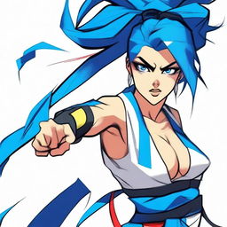 A fierce warrior woman in martial arts attire, high ponytail, and intense black eyes, with striking blue hair