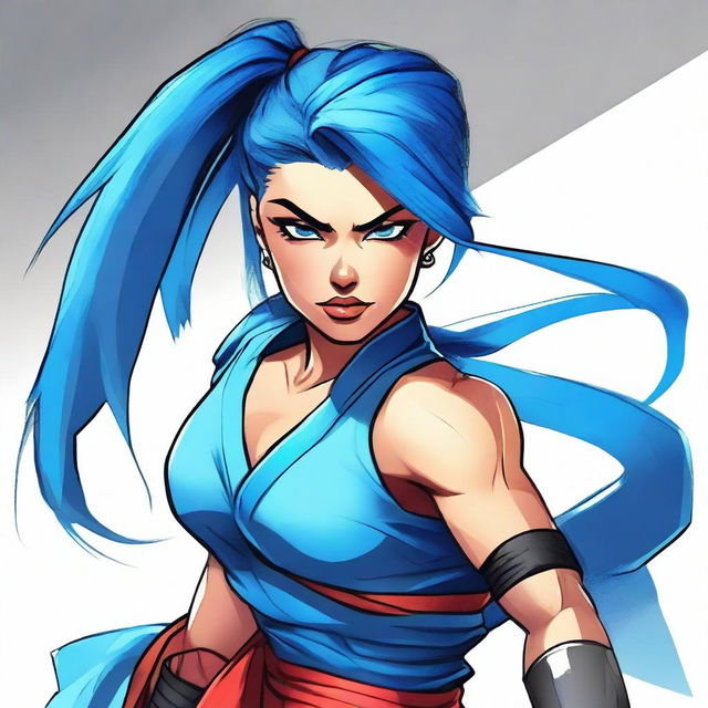 A fierce warrior woman in martial arts attire, high ponytail, and intense black eyes, with striking blue hair